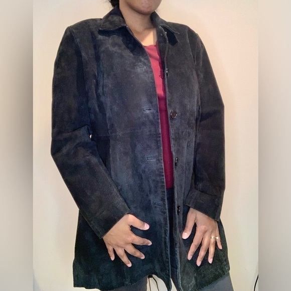 (r)elativity Vintage 90s Genuine Suede Black Leather Mid Length Button Down Coat - Picture 2 of 10